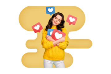 Photo collage creative picture young woman social network receive feedback smm targetologist increase popularity drawing background