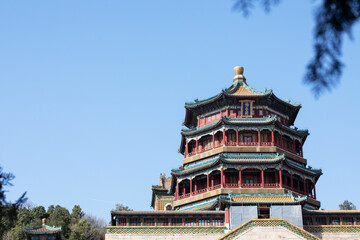 Majestic pagoda in summer palace beijing under clear blue sky. China. Copy space