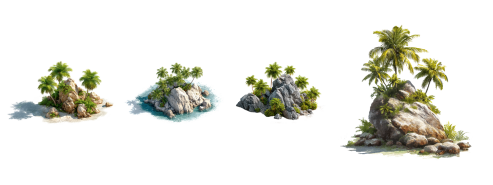 Different tropical islands with palm trees and rocky formations set against a transparent background