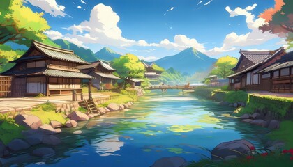 Tranquil Japanese Countryside Serene Riverbank Village Illuminated by Sunlight in Vibrant Anime Style, Embracing the Peaceful Ambiance of a Breathtaking Scenery