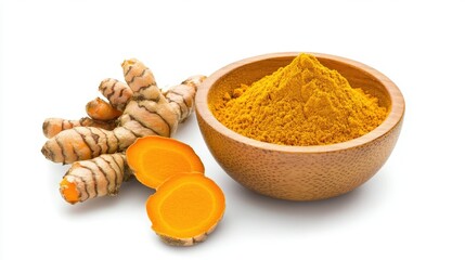 Turmeric Roots and Powder in a Wooden Bowl on a Bright White Background