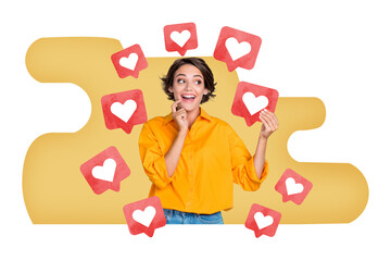 Creative picture collage young pretty emotional girl social network icon love heart followers increase popularity drawing background