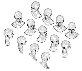 A series of drawings of heads with the first one being the leftmost. The drawings are all in black and white. Isometric view