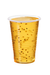 Refreshing yellow beverage in a glass, showcasing chia seeds artfully suspended in the liquid.