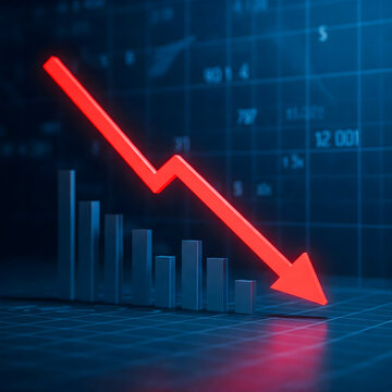 Financial stock market crash concept. Red arrow pointing down over decreasing bar chart graph on blue digital grid background. Economic crisis, recession, business loss 3D render illustration.