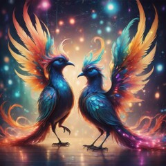 Obraz premium Two Magical Colorful Birds Facing Each Other with Glowing Feathers in Fantasy Setting
