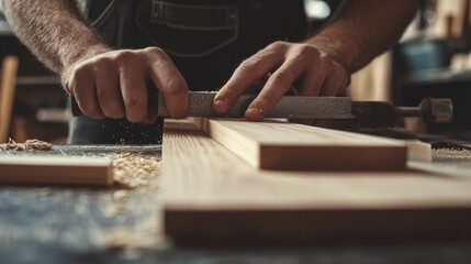 Carpenter cutting wood for furniture project. Featuring craftsmanship and focus