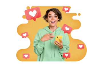 Photo image collage young amazed impressed girl social media promotion amazed reaction feedback followers subscribe drawing background