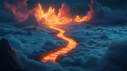 Fototapeta premium Dramatic Night Sky Over Fiery Lava River Flowing Through Clouds with Mountain Peaks in Background