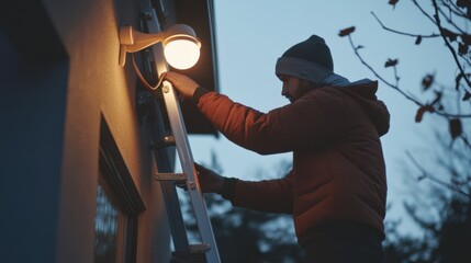 Electrician installing outdoor security light. Featuring electrical installation and outdoor safety