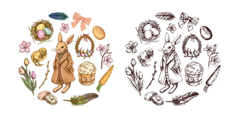Vintage hand drawn colored and black Easter composition with bunny, eggs, flowers, and festive elements in sketch style