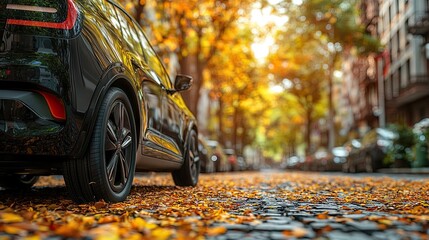 Black car parked on city street covered with fallen autumn leaves on sunny day