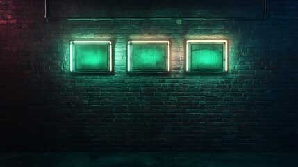 Naklejka premium Moody cyberpunk-style neon signs mounted on an aged grunge brick wall casting deep shadows 3d rendering