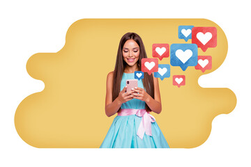 Creative image collage picture young smiling cute girl smm targetologist social media network feedback reaction drawing background