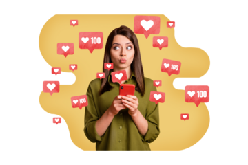 Photo picture collage creative image young woman social media network feedback smartphone virtual popularity drawing background