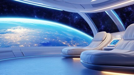 Obraz premium Spaceship Interior with Earth View: A futuristic spacecraft interior, featuring two comfortable seats overlooking the stunning view of Earth from space. The vast expanse of blue and green.