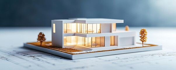 Building house on blueprint highlighting dwelling and project concept. Modern architectural model showcasing innovative design features.