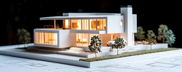 Building house on blueprint highlighting dwelling and project concept. Modern architectural model showcasing contemporary design aesthetics.