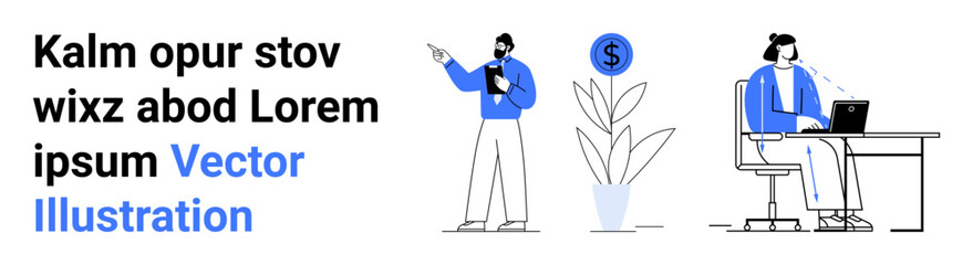 Businessperson presenting with clipboard, pointing toward dollar sign above plant. Nearby, an employee works at a laptop. Ideal for business analytics, finance, teamwork, planning, remote work