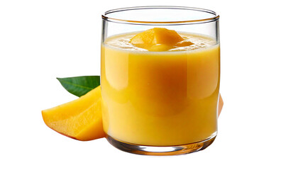 Fototapeta premium Chilled Mango Lassi with Creamy Swirl and Dewy Condensation on White Background