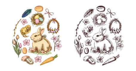 Сolored and black Easter egg shape with rabbit, chick, bow, willow, feathers, nest, eggs, flowers, and carrot in hand-drawn sketch