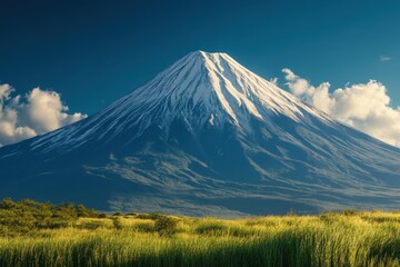 Fototapeta premium Majestic snow-capped peak stands under a bright blue sky in Japan's scenic mountains