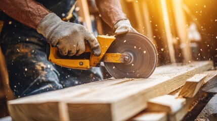 Carpenter cutting wood with circular saw in workshop. Featuring skill and craftsmanship