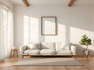 japandi style living room, empty frame mockup above sofa, minimalist interior, neutral decor, 3d rendering, warm lighting, zen design