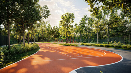 Running track encircled by verdant trees within a sports playground
