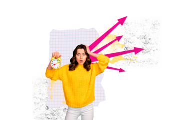 Creative photo collage young scared woman arrows pointers direction alarm clock deadline shocked stupor speechless miss schedule