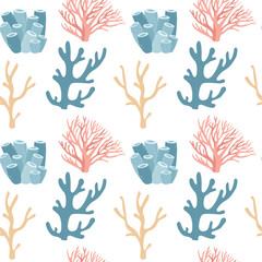 Fototapeta premium Repeating seamless pattern with hand drawn corals. Summer sea background. Minimalist marine silhouettes. Vector illustration