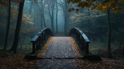 A wooden bridge covered in leaves in a forest with trees and fog on an overcast autumn day