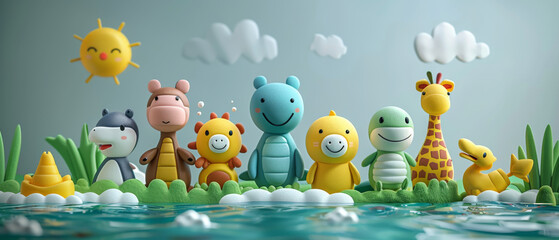 A group of stuffed animals are sitting in a field by a body of water