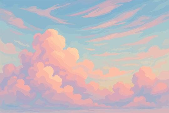 Dreamy pastel sky with fluffy pink clouds at sunset for inspirational design
