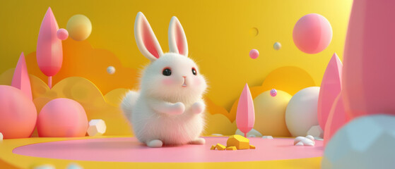 White cute cartoon rabbit standing in front of a yellow background with pink spheres