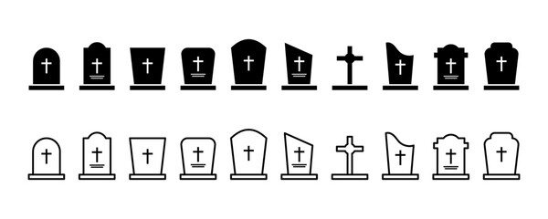 Set of grave vector icons. Gravestone or memorial icon. Vector 10 Eps.