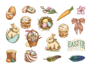 Hand drawn colored vintage Easter set with rabbits eggs bows flowers food and holiday symbols