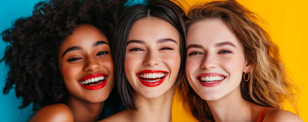 Obraz premium Group of diverse women smiling together in colorful outfits