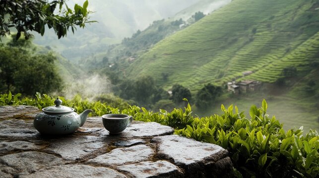 Lush green hills seen beyond a rustic stone table with hot tea and ceramic teapot