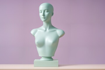 Abstrakte, pastell-mintgrüne weibliche Mannequin Büste auf pastelllilafarbener Plattform vor pastellgelbem Hintergrund – minimalistische, elegante Modepräsentation in hoher Detailqualität  