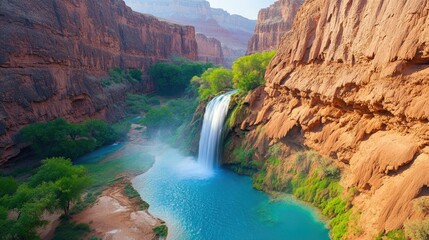 Serene Waterfall Cascading into Turquoise Pool Surrounded by Majestic Red Rock Cliffs