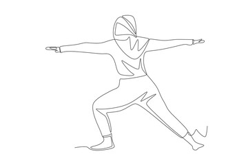 Muslim woman wearing hijab doing pilates. Hijabi pilates concept one-line drawing