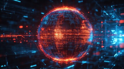 Obraz premium Abstract Digital Sphere with Neon Lights, Data Patterns, and Futuristic Elements Representing Global Connectivity and Technology Innovations in a Virtual Environment