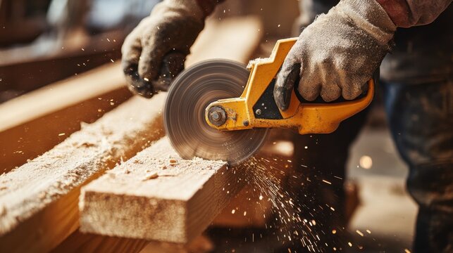 Carpenter using a circular saw to cut wood beams at a building site. Featuring precision and craftsmanship