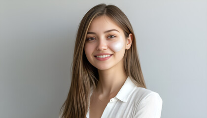 Smiling woman taking off mask on light gray background. Space for text