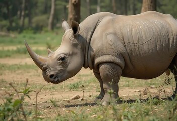 Obraz premium Young White Rhino in Serene Savanna: A Peaceful Wildlife Portrait