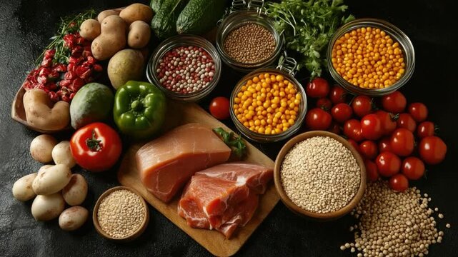 Fresh Raw Ingredients for Healthy Cooking with Colorful Vegetables, Meat, Grains, and Spices on Dark Background