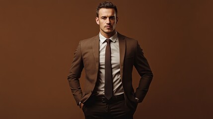 Fototapeta premium A dashing businessman in a brown suit and tie stands with his hands in his pockets against a plain