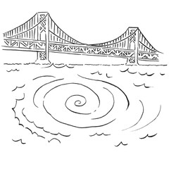 観光/四国徳島県の名所「大鳴門橋と鳴門の渦潮」＿手描き線画カットイラスト・モノクロ
