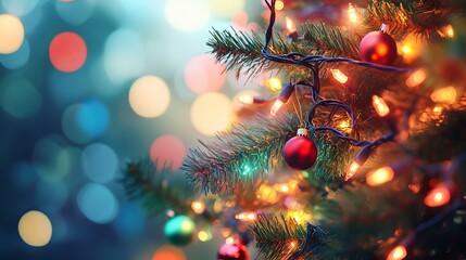 Close up of christmas tree with red ornaments and string lights with bokeh background effect